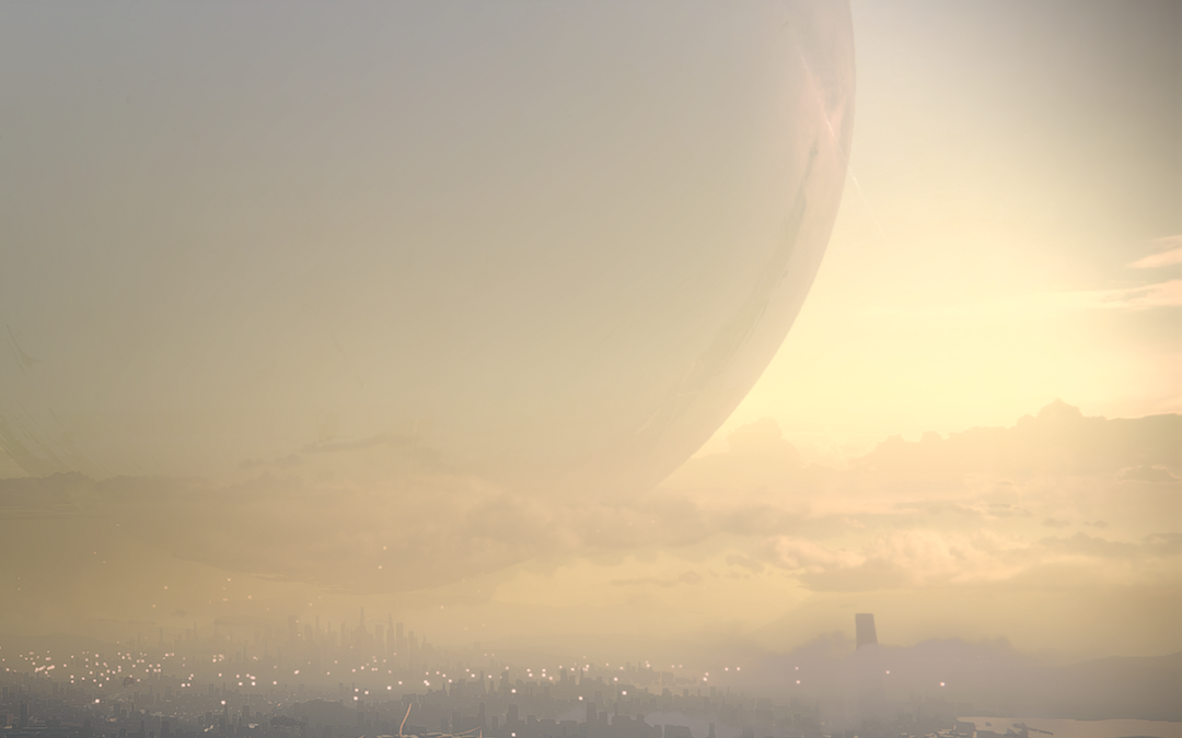 Traveler over the Last City at dawn.